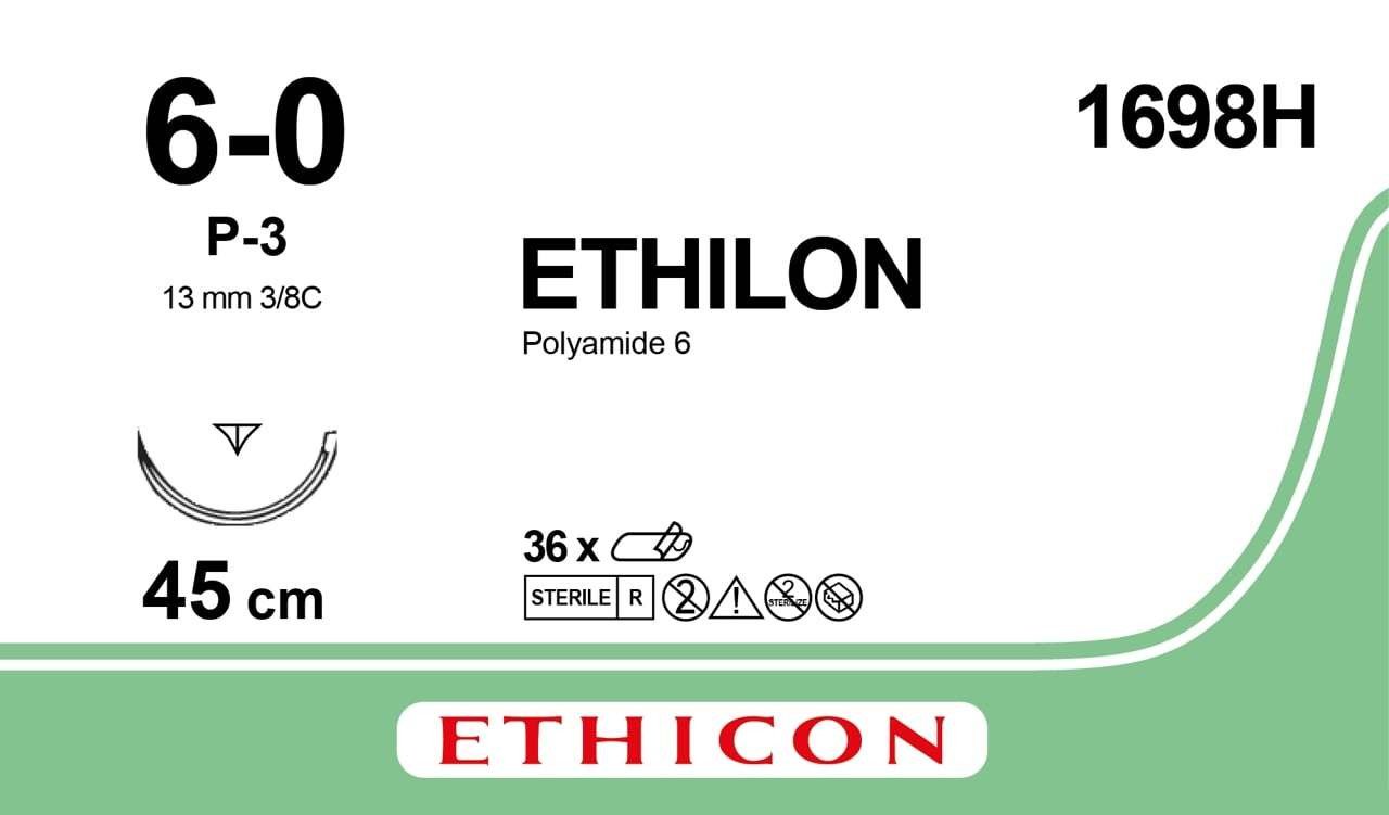 ETHILON® Nylon Suture, Non-Absorbable Black, Suture Size: 6-0 Length: 45cm Needle: P-3