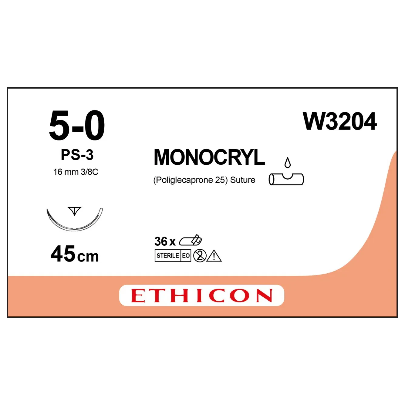 MONOCRYL® (poliglecaprone 25) Suture, Absorbable Undyed, Suture Size: 5-0 Length: 45cm Needle: PS-3