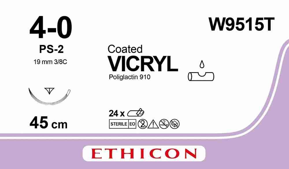 VICRYL® (polyglactin 910) Suture, Absorbable Undyed, Suture Size: 4-0 Length: 45cm Needle: PS-2