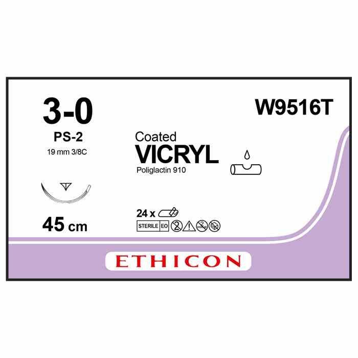 VICRYL® (polyglactin 910) Suture, Absorbable Undyed, Suture Size: 3-0 Length: 45cm Needle: PS-2