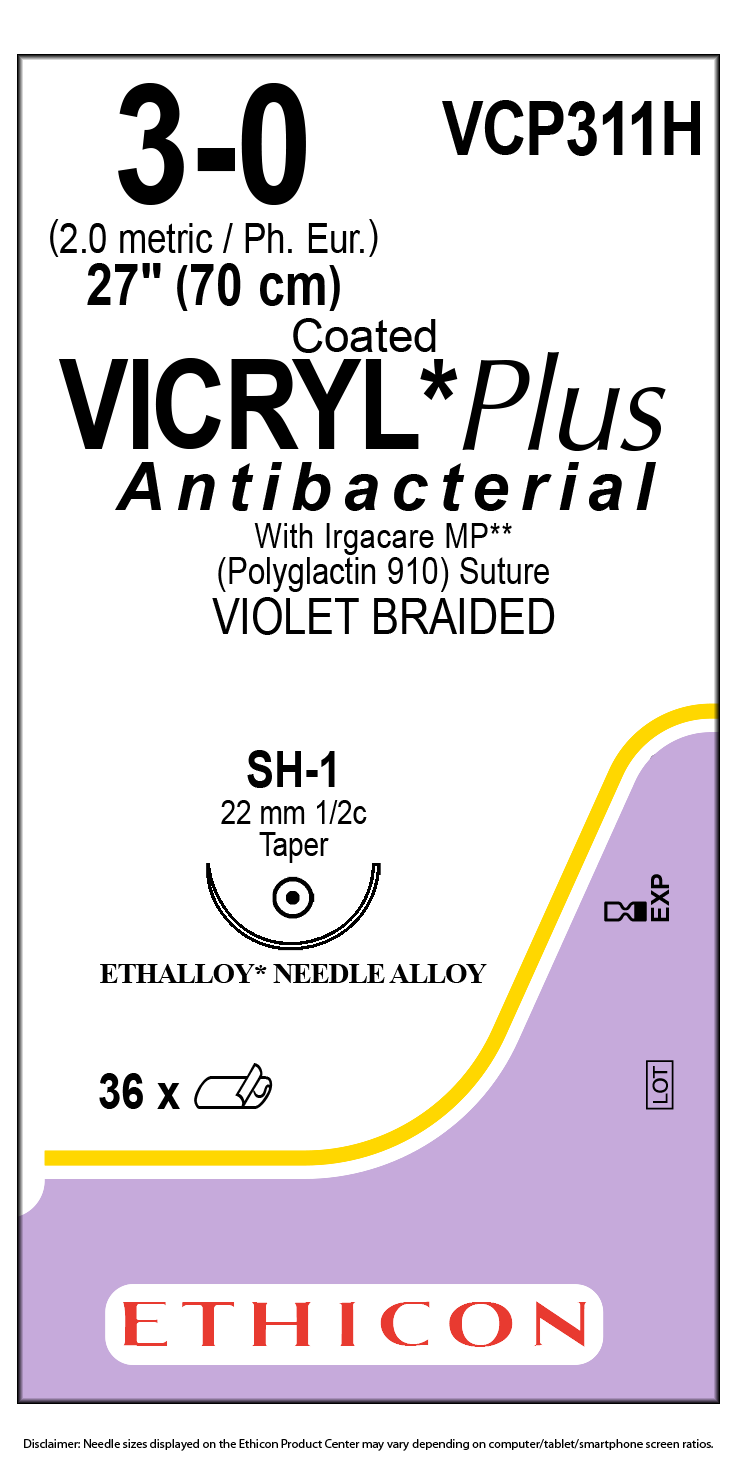 COATED VICRYL® Plus Antibacterial (polyglactin 910) Suture, Absorbable VIOLET, Suture Size: 3-0 Length: 27" Needle: SH-1