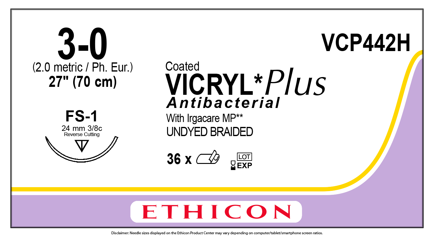 COATED VICRYL® Plus Antibacterial (polyglactin 910) Suture, Absorbable Undyed, Suture Size: 3-0 Length: 27" Needle: FS-1