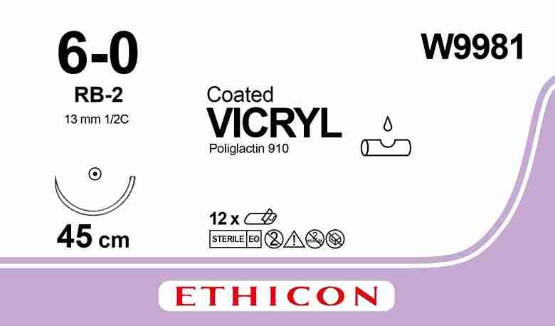 VICRYL® (polyglactin 910) Suture, Absorbable Undyed, Suture Size: 6-0 Length: 45cm Needle: RB-2