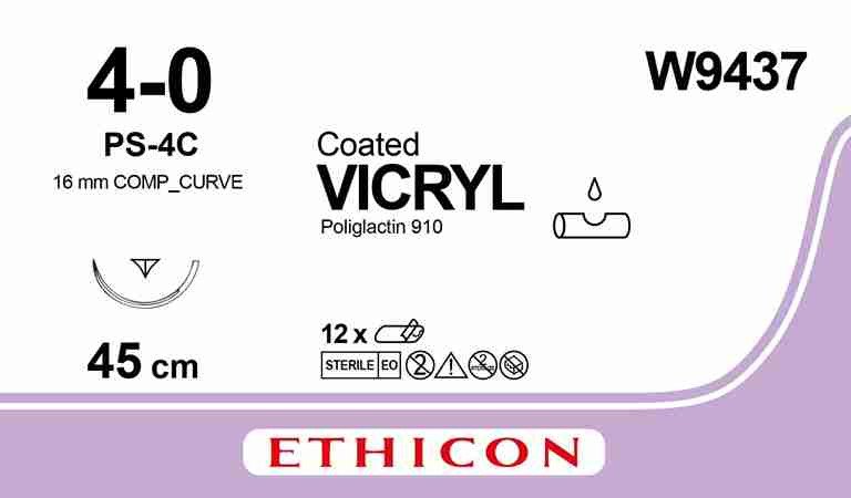 VICRYL® (polyglactin 910) Suture, Absorbable Undyed, Suture Size: 4-0 Length: 45cm Needle: PS-4C
