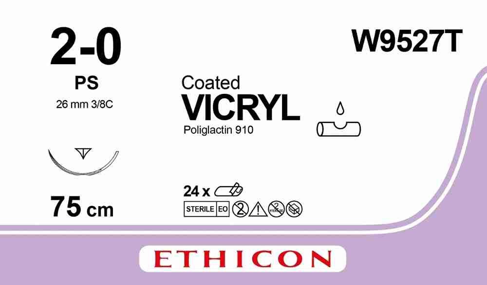 VICRYL® (polyglactin 910) Suture, Absorbable Undyed, Suture Size: 2-0 Length: 75cm Needle: PS